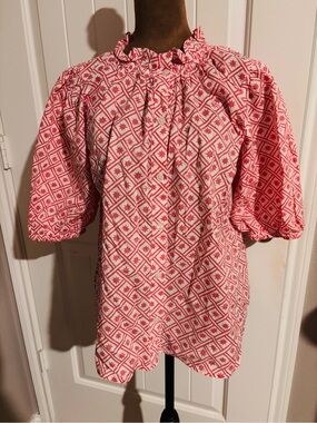 Ex Voto 100% Cotton Red & White Star Print Button Front Blouse M